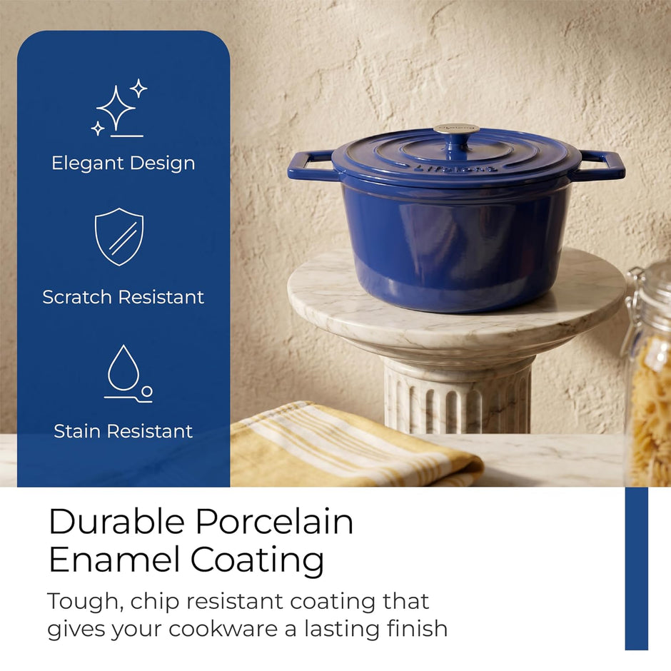 Lifelong Enamel Cast Iron Casserole with Lid (3.8L, 24cm) | Oven, Gas & Induction Compatible | Slow Cooking, Even Heat Distribution, Nontoxic, Durable, Naturally Nonstick, No Stains or Scratch (Blue)