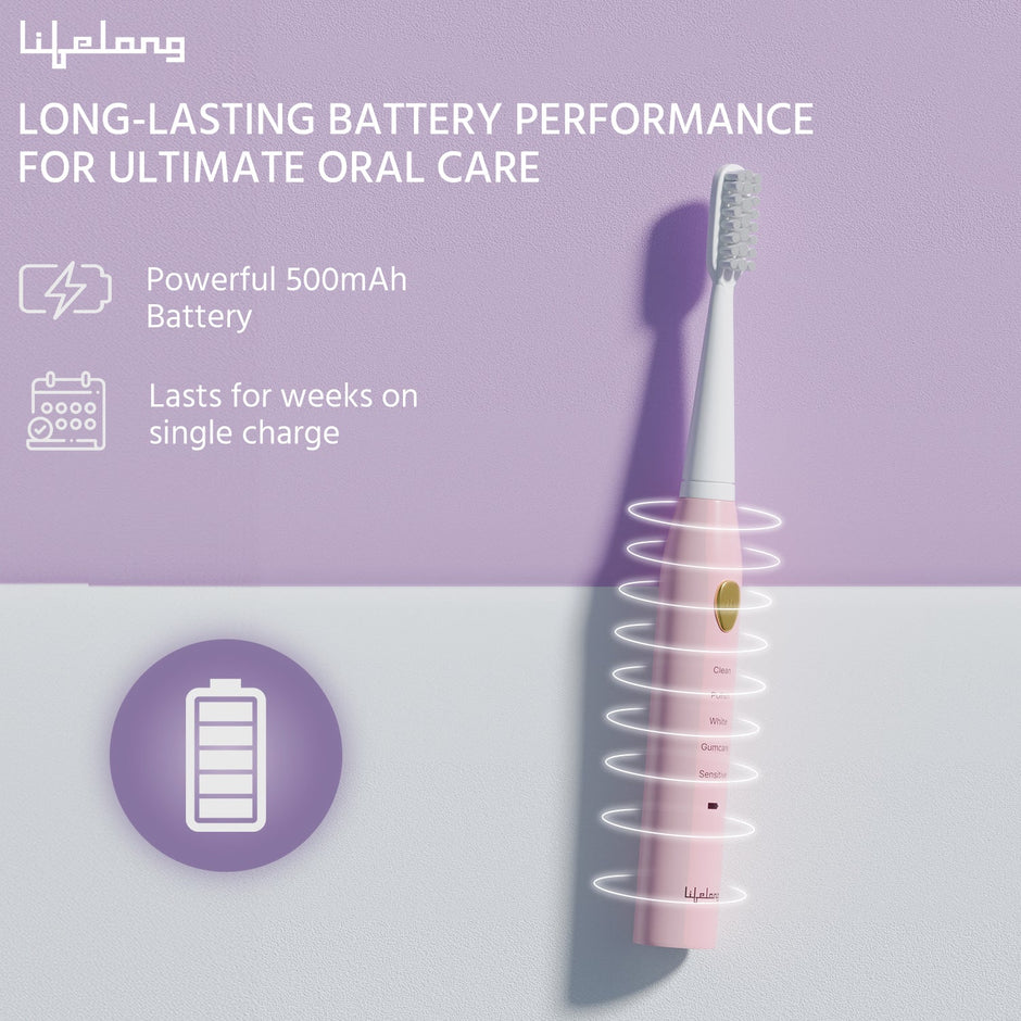 Lifelong Rechargeable Toothbrush - 5 Modes, Auto Shut-Off, 2 Heads & 500mAh Battery (Pink)