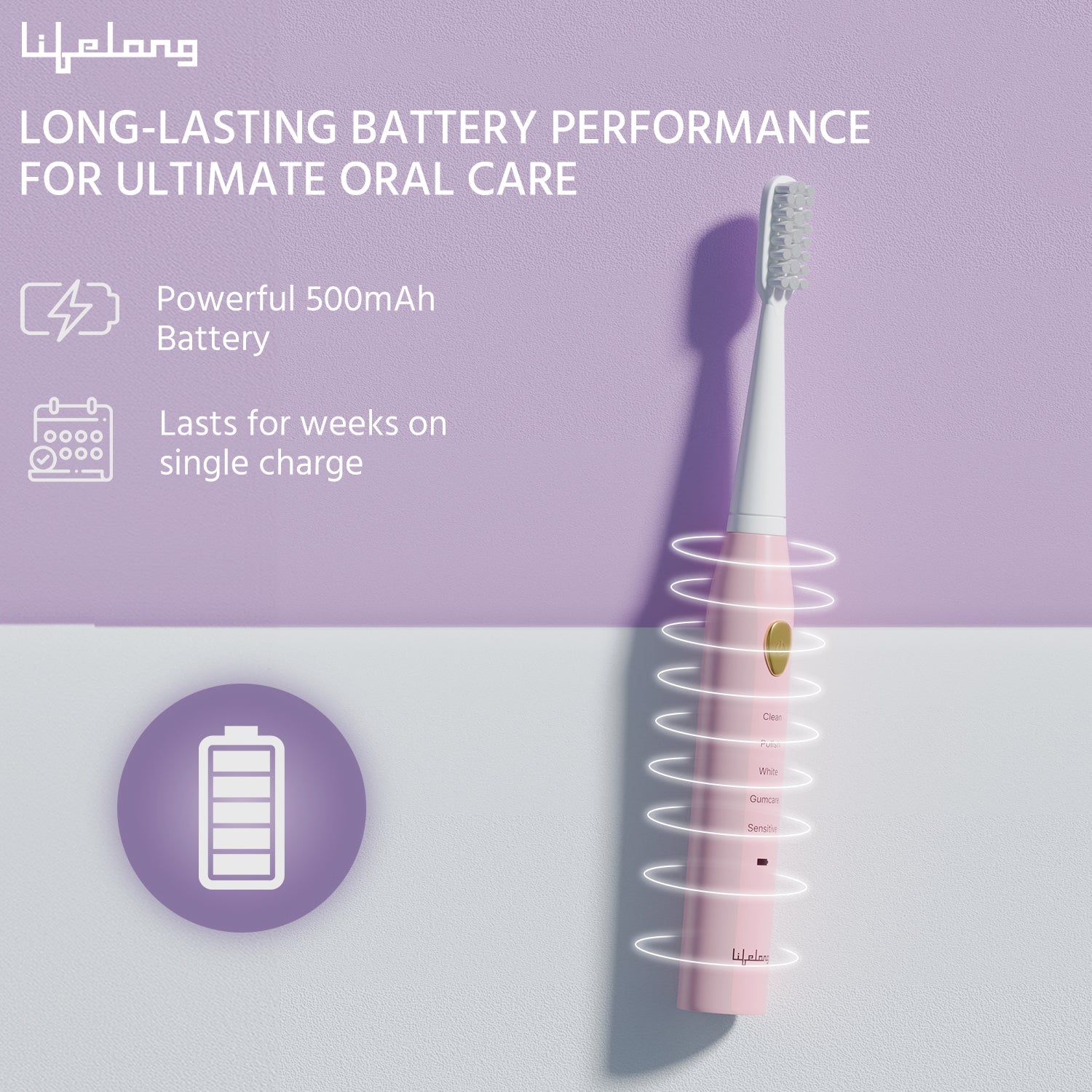 Lifelong Rechargeable Toothbrush - 5 Modes, Auto Shut-Off, 2 Heads & 500mAh Battery (Pink)