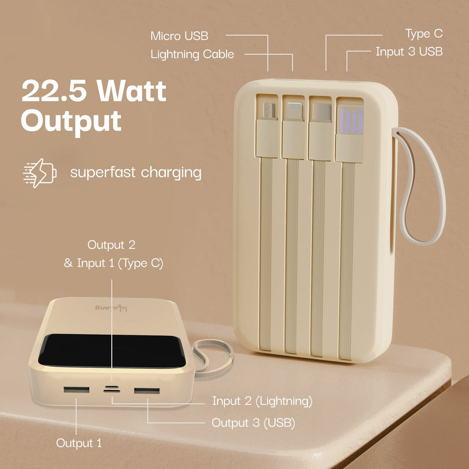 Lifelong Electronics 10000mAh 22.5W Fast Charging Power Bank | 3 Inputs (1 Built-in USB A Cable + 1 C + 1 Lightning Port) & 6 Outputs (3 Built-in Cables + 1 C + 2 A Port) | Small Pocket Size Powerbank