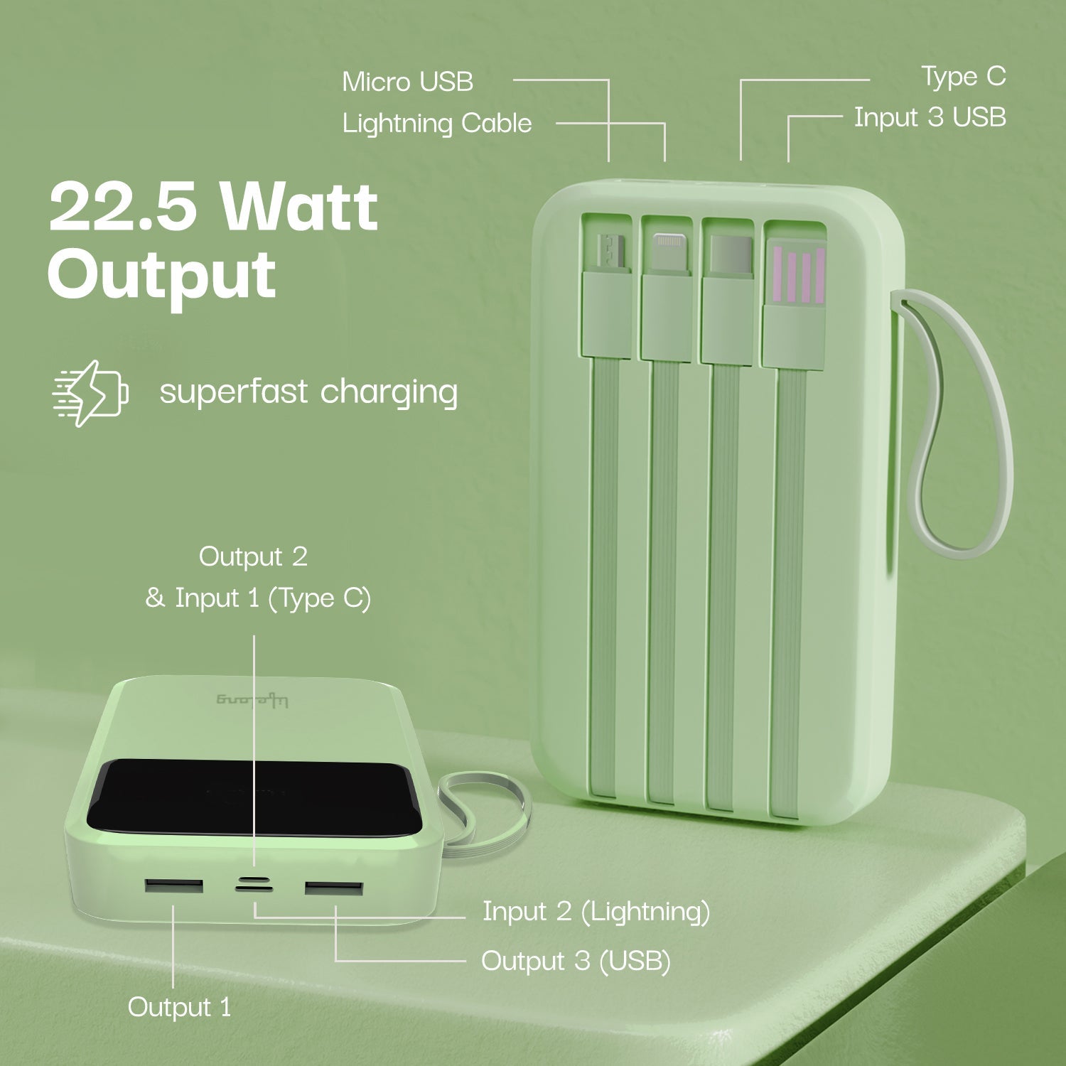 Lifelong Electronics 10000mAh 22.5W Fast Charging Power Bank | 3 Inputs (1 Built-in USB A Cable + 1 C + 1 Lightning Port) & 6 Outputs (3 Built-in Cables + 1 C + 2 A Port) | Small Pocket Size Powerbank