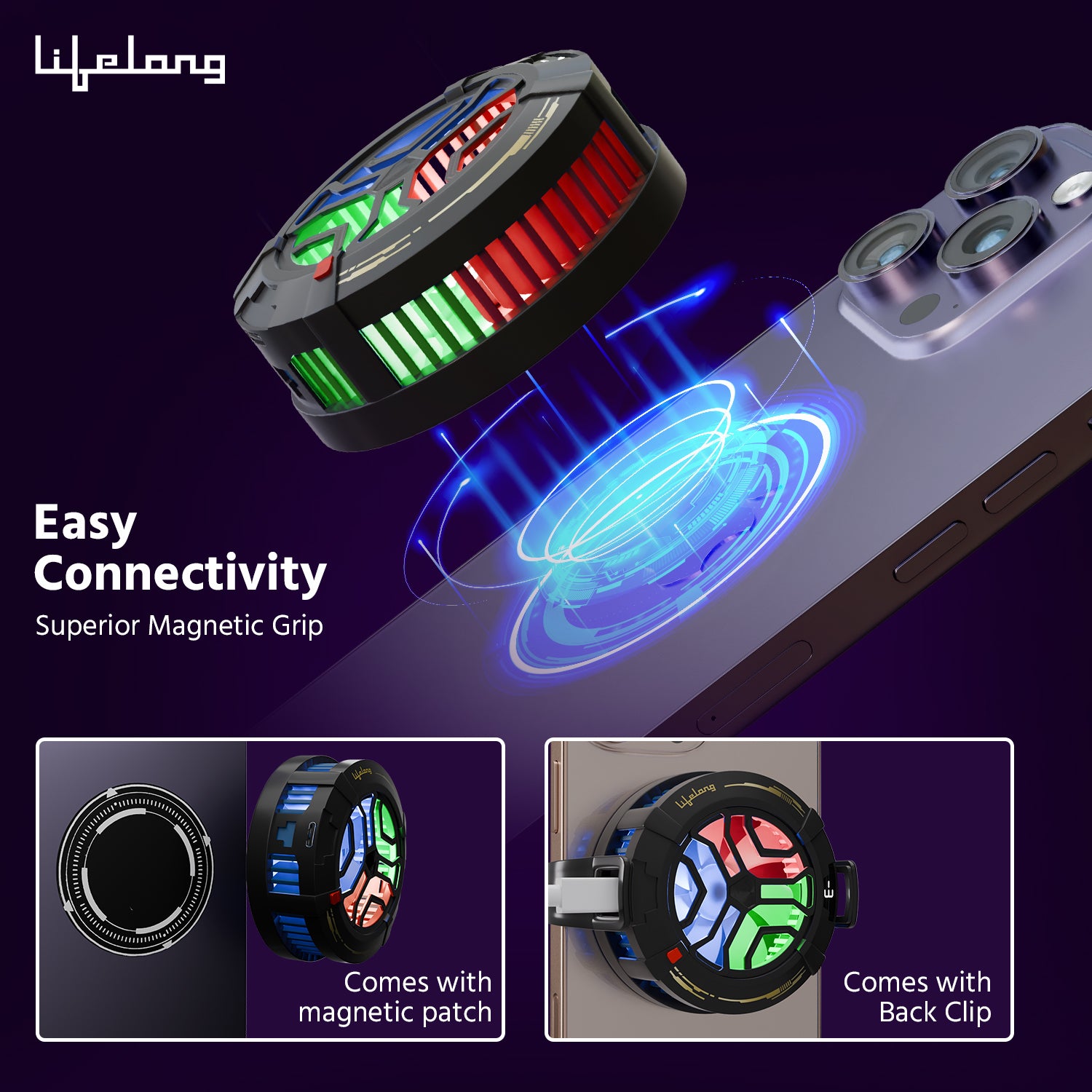 Lifelong Phone Cooler for Gaming | Powerful Semiconductor Technology | Magnetic Attachment For iPhone & Android | Additional Clip | Instant Cooling Fan for Mobile with 3 Speeds | USB Wired | RGB Light