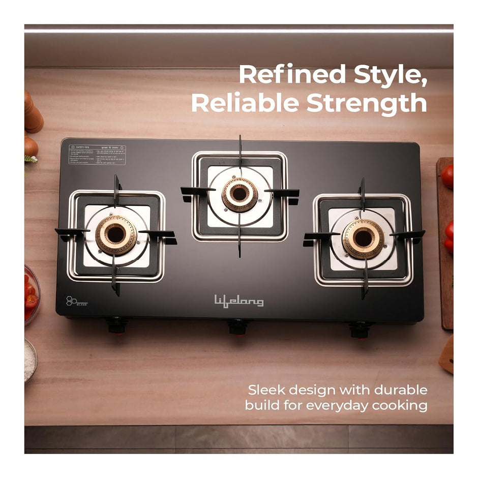 Lifelong 3 Burner Gas Stove for Kitchen | Square Shape Pan Support Manual Ignition Cooktop | Modern Glass Stove for Modular Kitchen, ISI Certified & Compatible with LPG -1 Year Manufacturer's Warranty