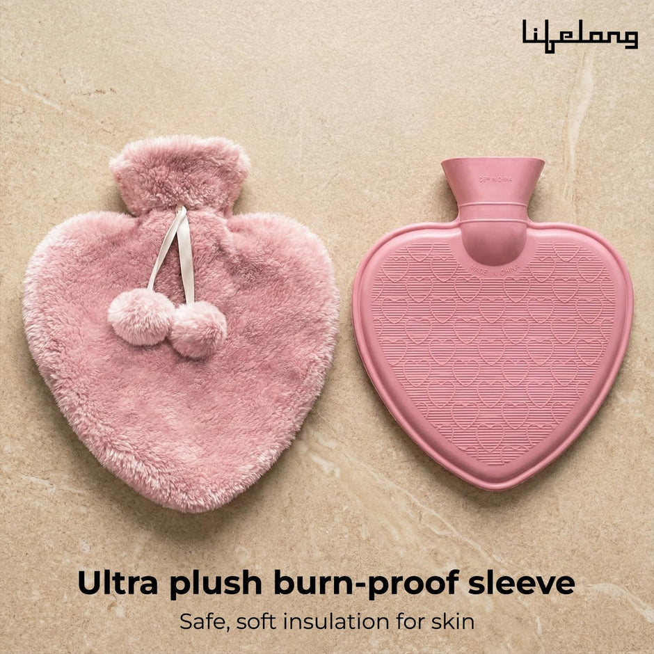Lifelong Heart Shaped Hot Water Bottle 1000 ml with Washable Fur Cover | Hot Water Bag for Pain Relief & Period Cramps | Ideal for Hand & Belly Warmer | Comfort with Leak-Proof Design