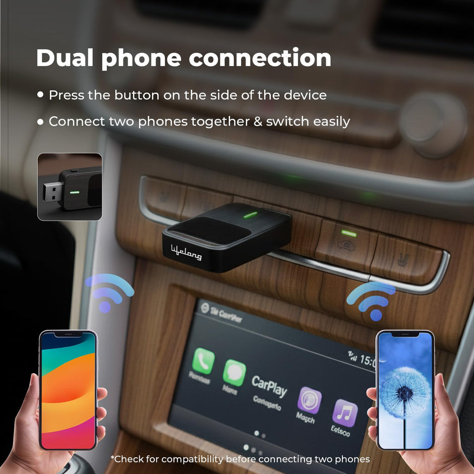 Lifelong 2-in-1 Wireless CarPlay & Android Auto Adapter | Dual Phone Connection, Plug & Play USB Type-A to C, iOS & Android Compatibility, Support OEM Controls |Stick Cast - Bluetooth 5.4 & WiFi 6