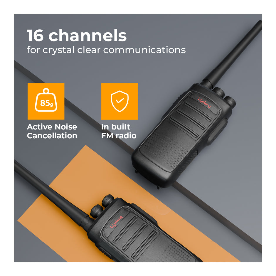 Lifelong Rechargeable Walkie Talkie for Adults & Kids | 2-in-1 Microphone & Earphone | Adapter as well as Type-C Charging | 3 km | 16 Channels | For Events, Security, Camping, Hiking & Fun (Set of 2)