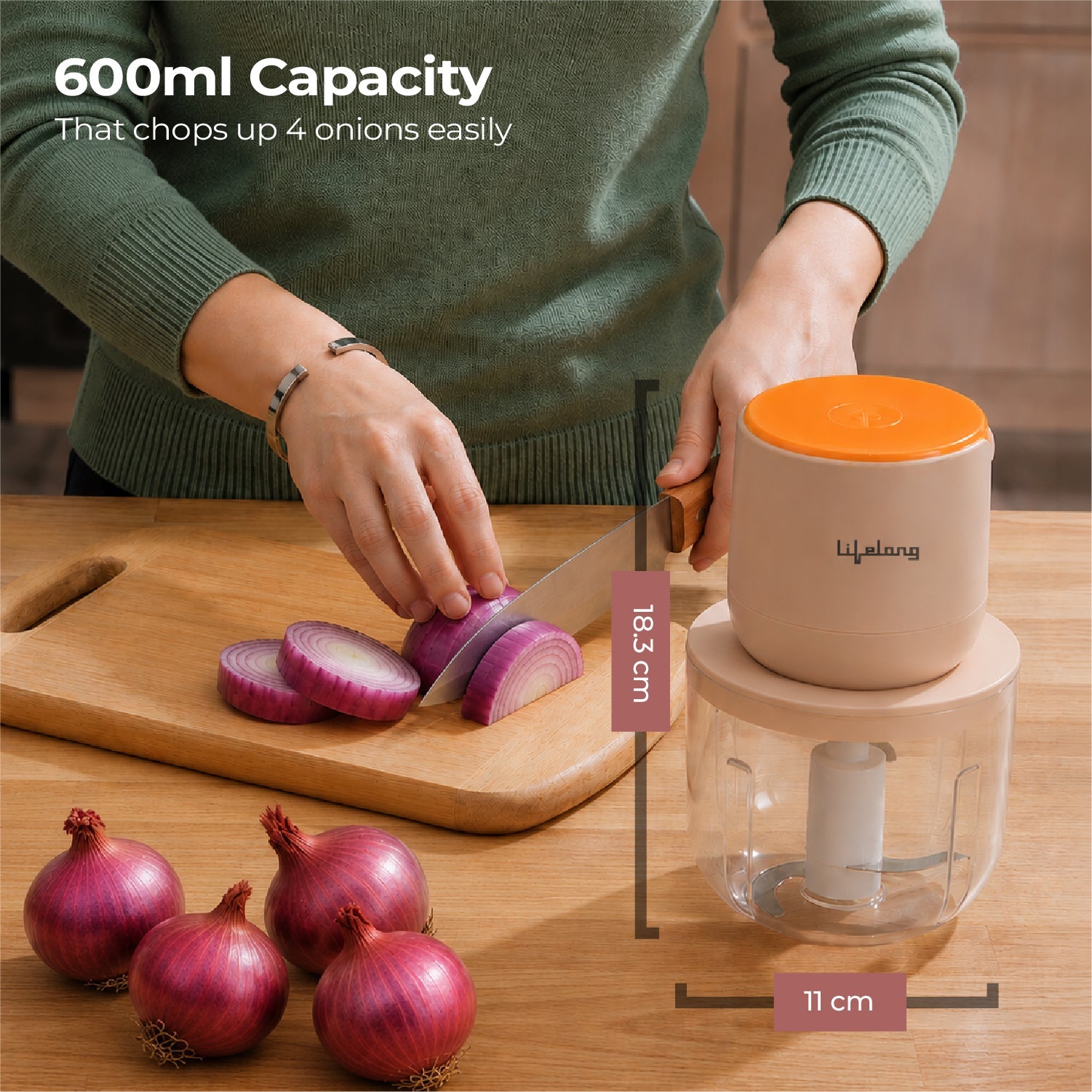Lifelong Rechargeable Electric Food Chopper with 600ml | 100W Motor | Triple SS Blades | USB Type-C Charging |3600 mAh Battery | One-Press Operation for Veggies, Meat, Garlic, Nuts & Baby Food(LLWC05)