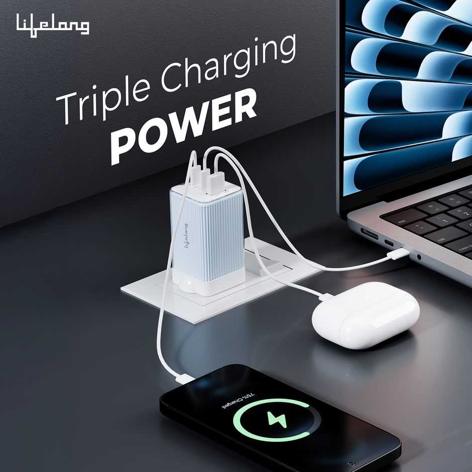 Electronics 65W GaN Fast Charger PD Technology | 1 USB A + 2 Type C Ports | iPhone 16/15/14, Android, Samsung