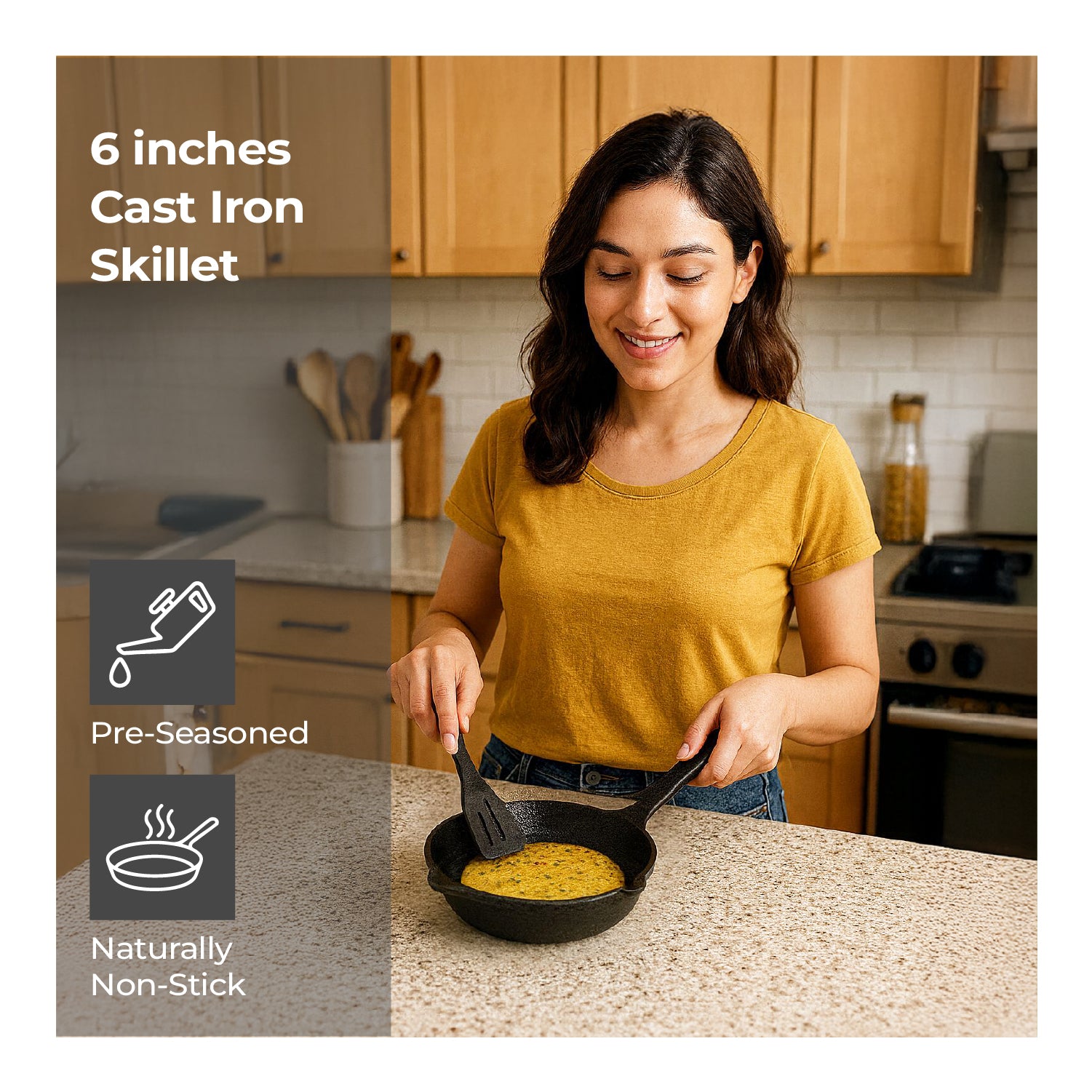 Lifelong Cast Iron Fry Pan 6 inch ( 15.2cm) With Wooden Spatula