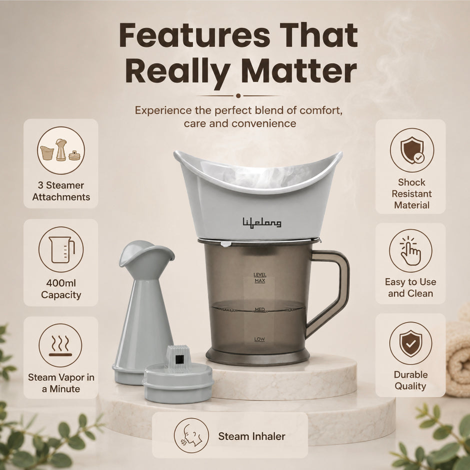Lifelong 3-in-1 Vaporizer & Steamer for Cold, Cough & Facial | Face Steamer for Facial, Steam Inhaler for Cold & Cough, Vaporizer Machine for Adults and Kids | 1-Min Fast Vaporization, 400ml Capacity