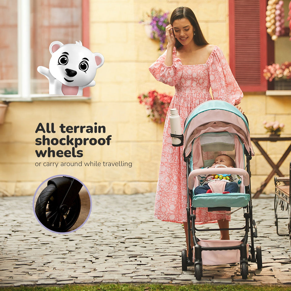 Lifelong Cuppy Baby Stroller , Baby Pram , Carbon Steel, 5 point harness belt, 3 reclining functions. (Pink Green)