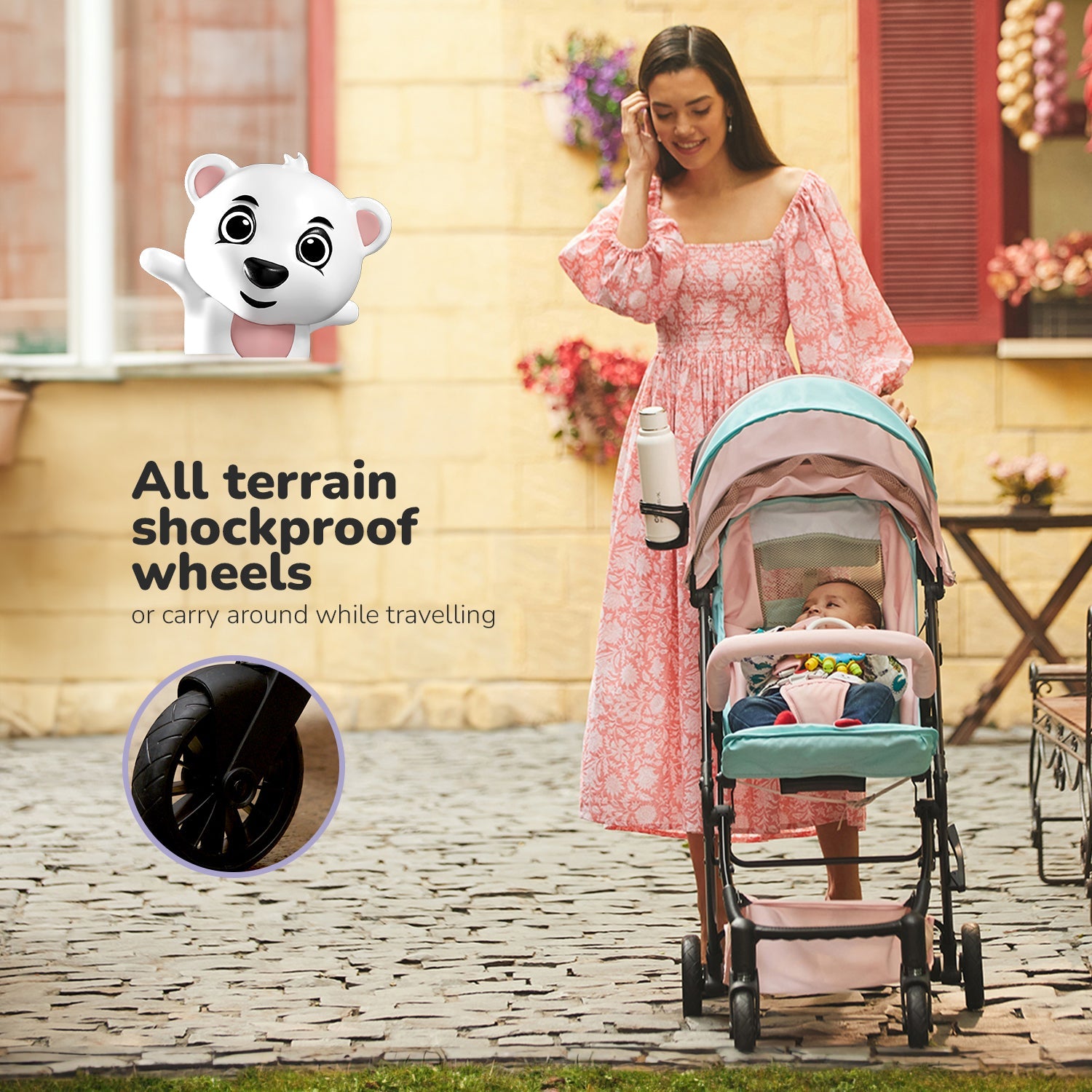 Lifelong Cuppy Baby Stroller , Baby Pram , Carbon Steel, 5 point harness belt, 3 reclining functions. (Pink Green)