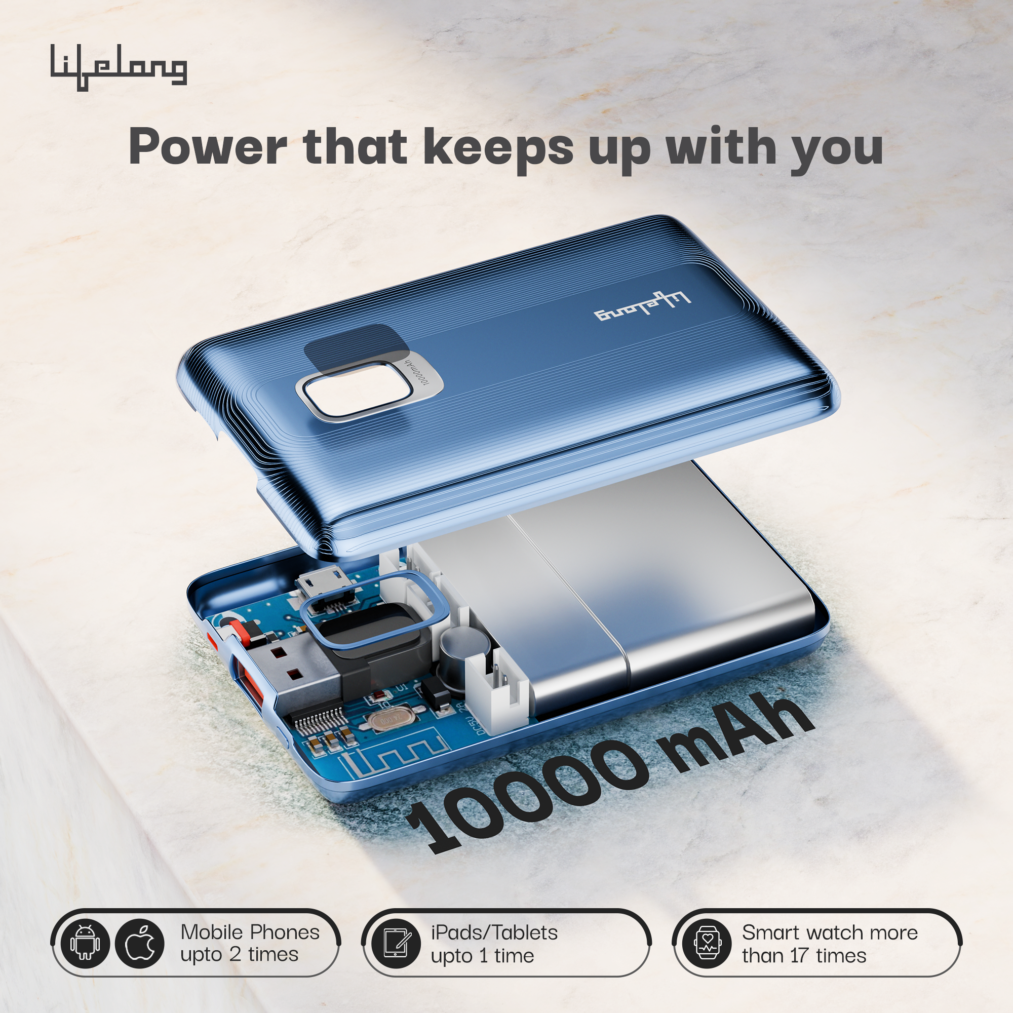 Lifelong 10000mAh Fast Charging Power Bank with Digital Display | Type C Input | 2 Output Ports | Quick Charge 3.0 | 22.5 W PD Powerbank | Cable Included