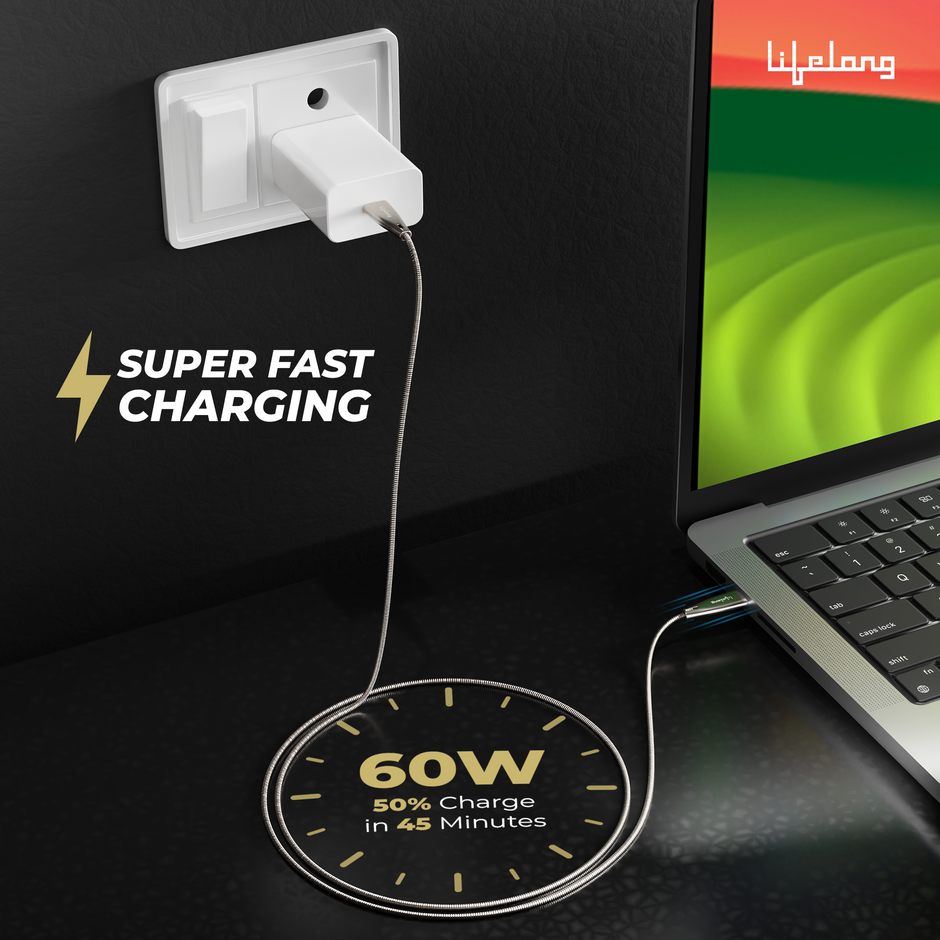 Lifelong 60W PD USB Type C to Type C Metal Coiled Fast Charging Cable | High Speed Data Cable | Aluminum Alloy & Tangle Free | iPhone 16/15/14, Android, Laptop, Tablet etc. | 1.25M
