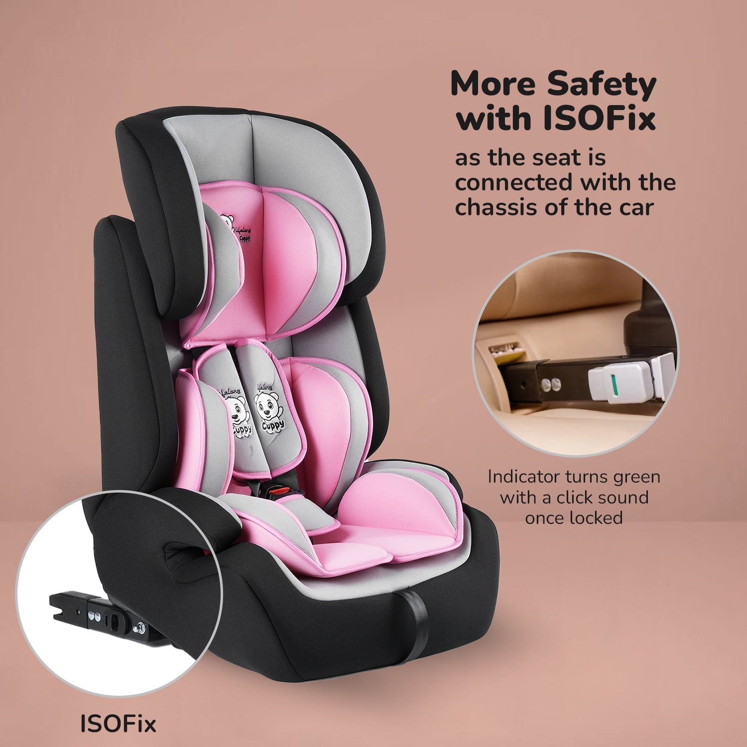 Lifelong Cuppy Baby Car Seat with Isofix of 0 to 12 Years Age Safety Certified Growing Car Seat for Kids (Pink Grey)