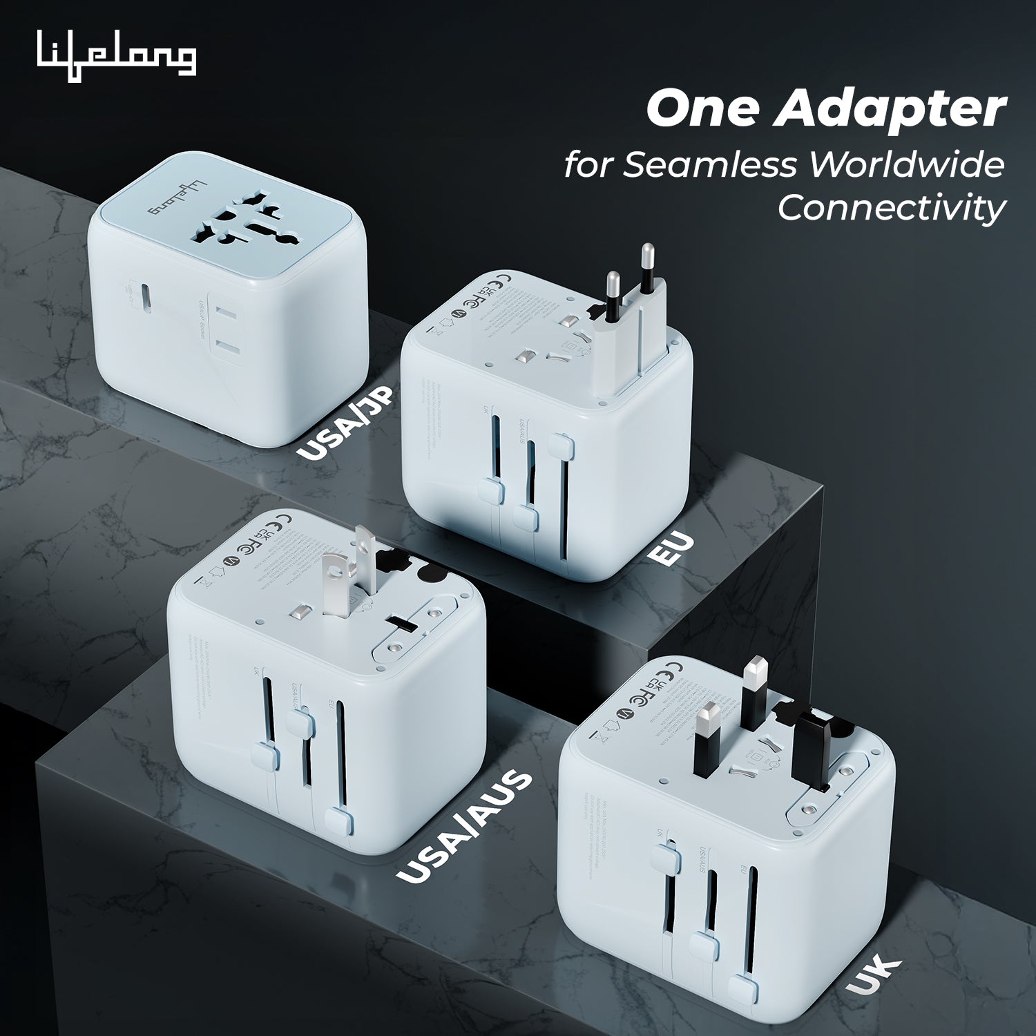 Lifelong Electronics 2500W Universal Travel Adapter All in One | 3 Type-C 45W PD & 2 USB-A 18W QC 3.0 | Dual Fuse Protection | 180+ Countries - Europe/US/Asia etc | International Socket