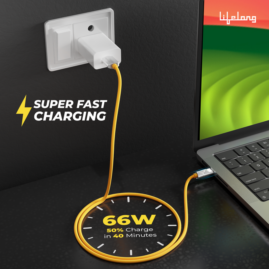 Lifelong Electronics 66W PD USB Type A to Type C Fast Charging Cable | High Speed Transfer Data Cable | Aluminum Alloy, Strong PVC & Tangle Free | iPhone 16/15/14, Android, Laptop, Tablet etc | 1.25M