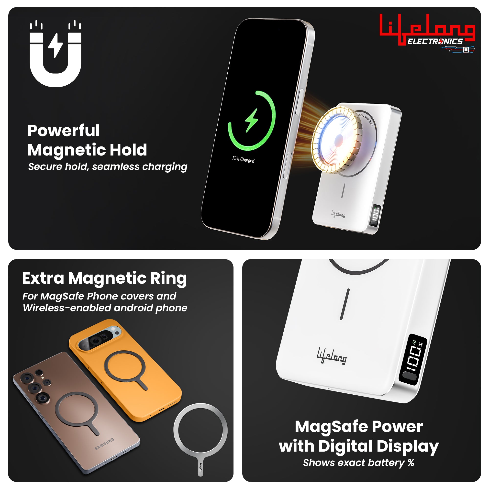 Lifelong Electronics Qi2.2 MagSafe 25W 10000mAh Power Bank | India’s Fastest Wireless Powerbank (iPhone 16/17/Pro/Max/S26Ultra) + 45W Wired Charging (All Type-C Phones & Laptops) | 100W Cable Included