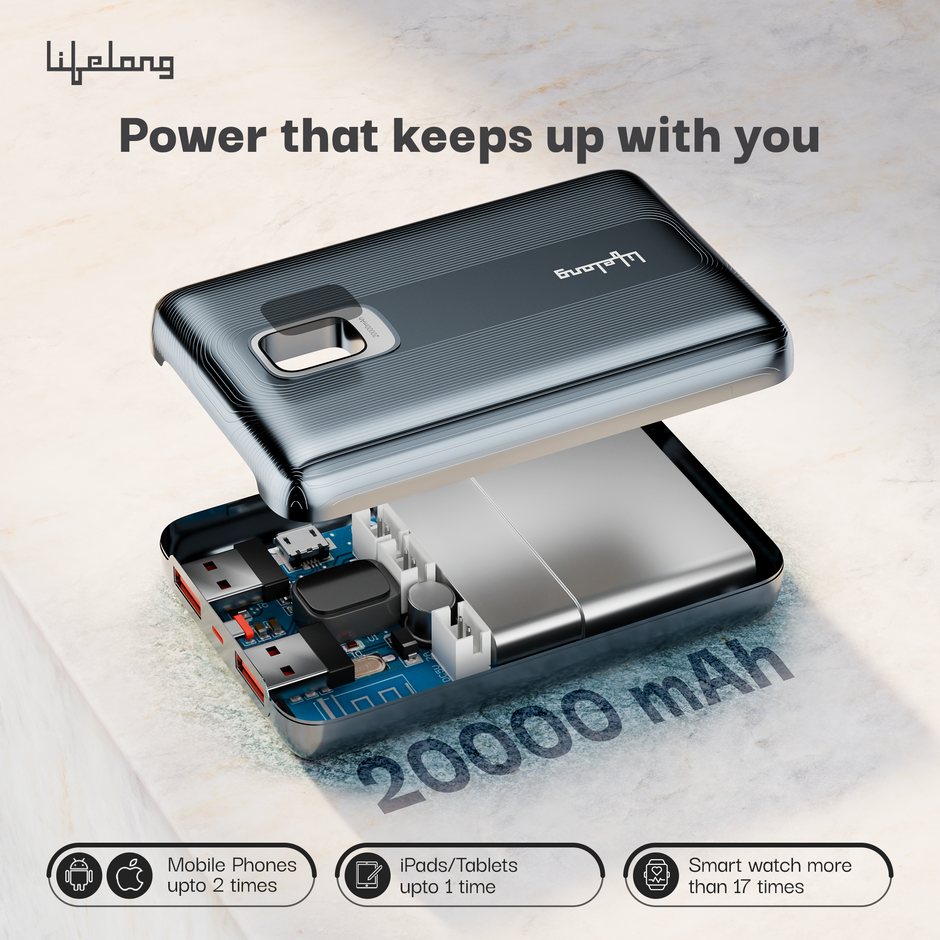 Lifelong 10000mAh Fast Charging Power Bank with Digital Display | Type C Input | 2 Output Ports | Quick Charge 3.0 | 22.5 W PD Powerbank | Cable Included