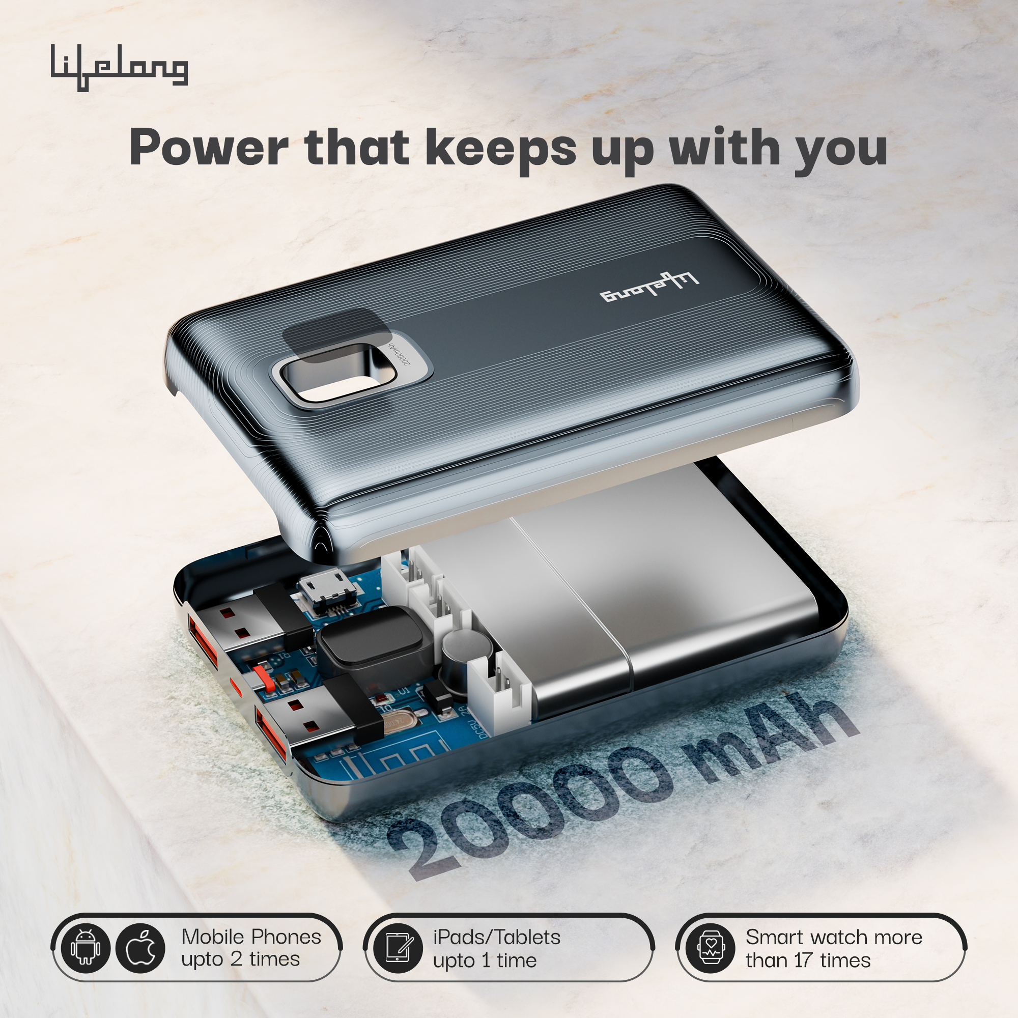 Lifelong 10000mAh Fast Charging Power Bank with Digital Display | Type C Input | 2 Output Ports | Quick Charge 3.0 | 22.5 W PD Powerbank | Cable Included