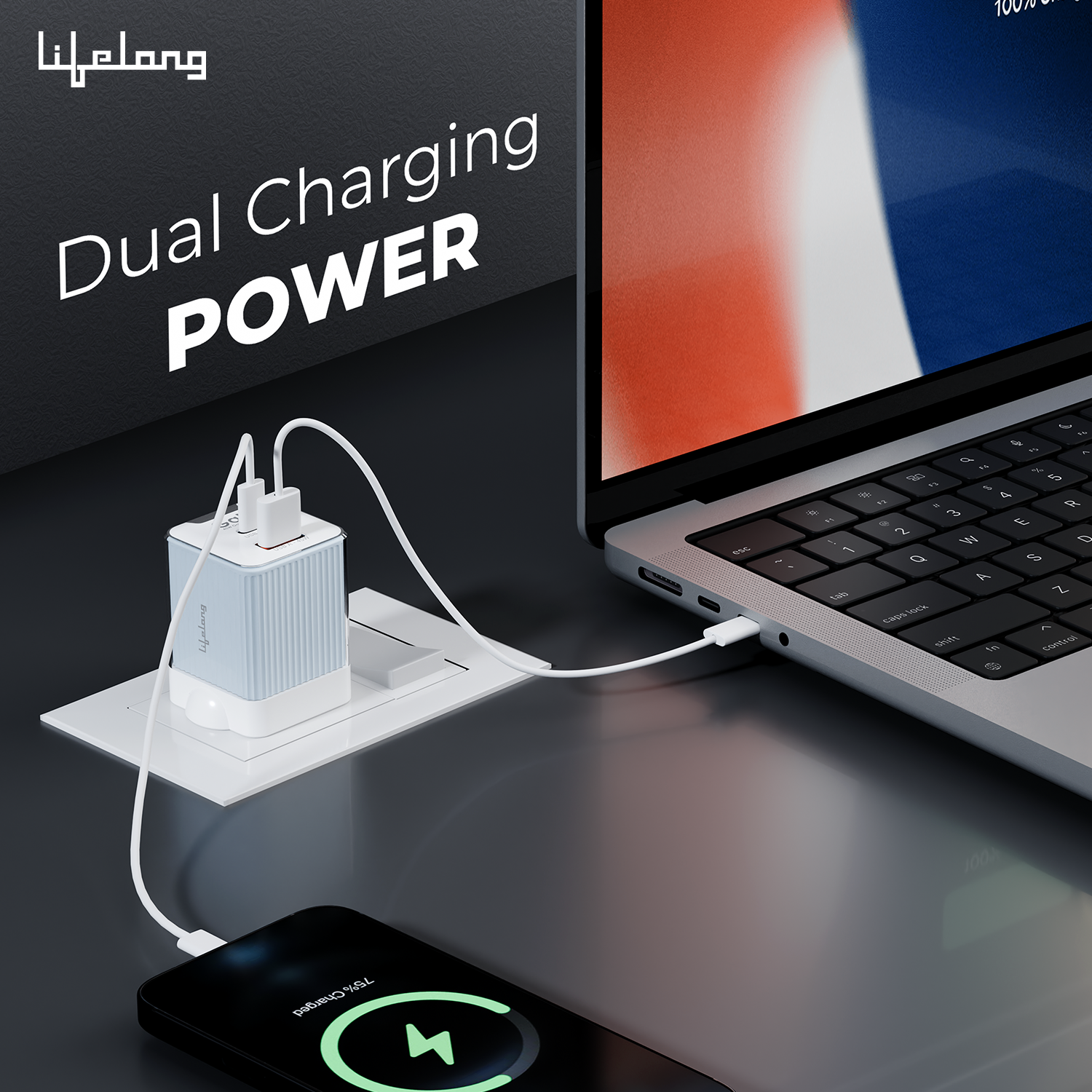 Lifelong 45W Super-Fast GaN Charger PD Technology | 1 USB A + 1 Type C Port | iPhone 17/16/15/14 (Including Pro Max), Android, Samsung | Laptops - MacBook, Dell, HP, Lenovo, Acer, ASUS
