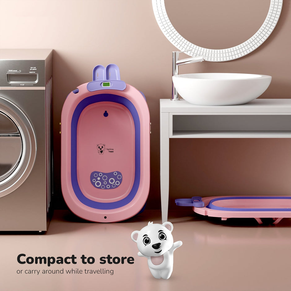 Lifelong Cuppy Baby Bath Tub - Foldable & Padded with Thermometer for 0-3 Years, Dual Tone Design