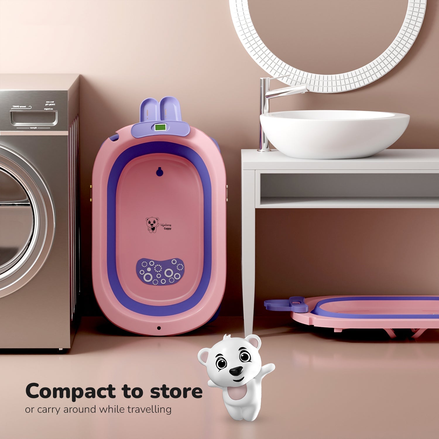 Lifelong Cuppy Baby Bath Tub - Foldable & Padded with Thermometer for 0-3 Years, Dual Tone Design