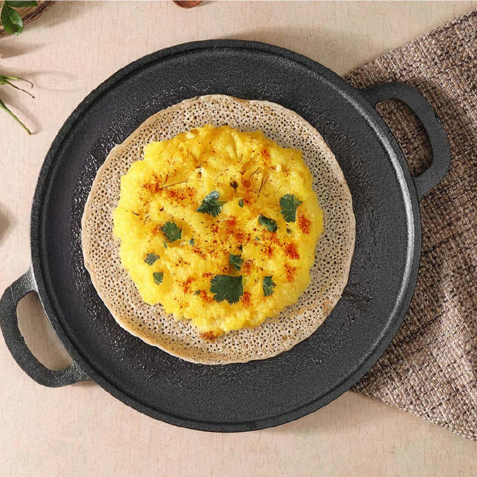 Lifelong 2 in 1 Cast Iron Grill Tawa Pan with Wooden Spatula | 30 cm Reversible Cookware | Dual Surface for Roti, Dosa, Grill, Fish & More |Gas & Induction Compatible | Non Stick Coating (LLCIT006GR)