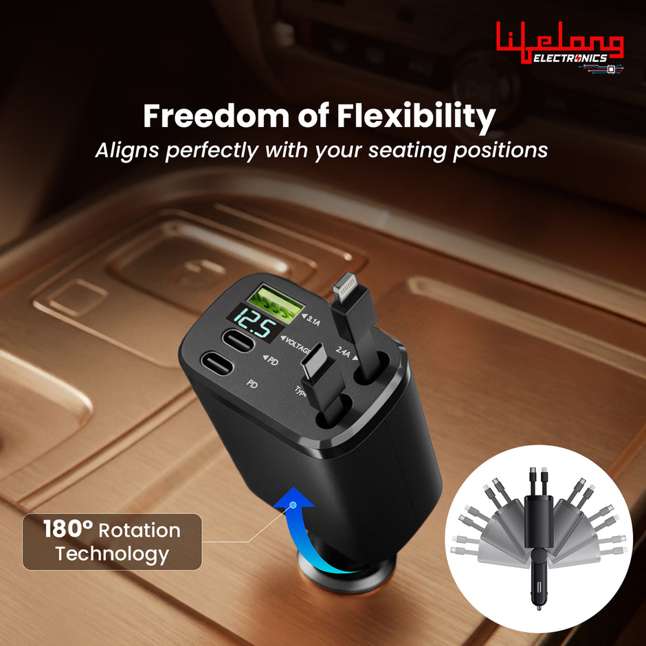 Lifelong Electronics 5-in-1 Car Charger Adapter | 2 Retractable Cables (Type-C & Lightning) + 3 Ports (USB A + 2 Type C) | LED Display | Flexible Head | Fast Charging for iPhone, Android & All Devices