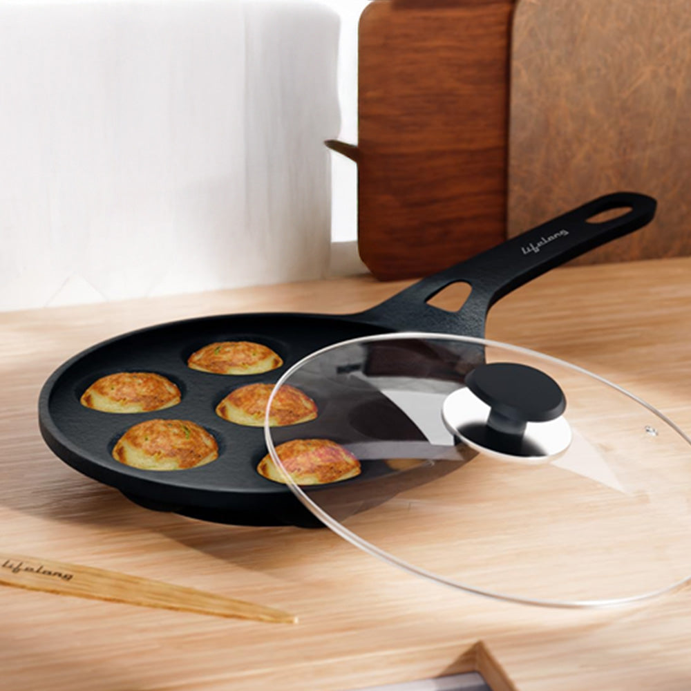 Lifelong Cast Iron paniyaram pan Handle with Glass Lid &  wooden Spatula