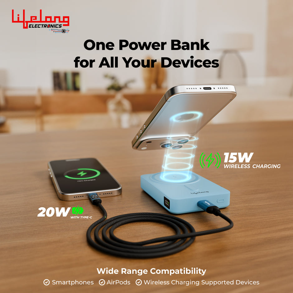 Lifelong Electronics 10000mAh MagSafe Wireless Power Bank | for iPhone, Apple AirPods & All Qi Enabled Phones | Supports Wired Fast Charging | Pocket Size Powerbank with Metal Stand, Display & Cable