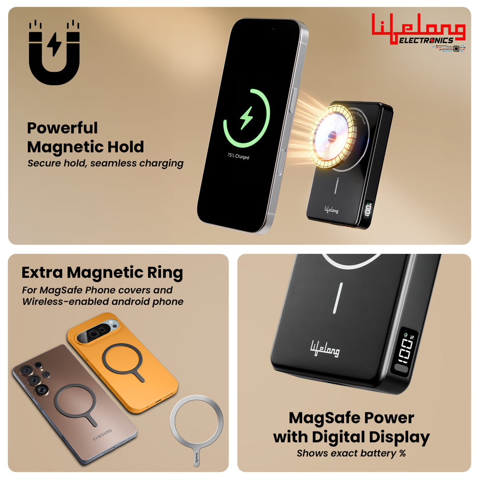 Lifelong Electronics Qi2.2 MagSafe 25W 10000mAh Power Bank | India’s Fastest Wireless Powerbank (iPhone 16/17/Pro/Max/S26Ultra) + 45W Wired Charging (All Type-C Phones & Laptops) | 100W Cable Included