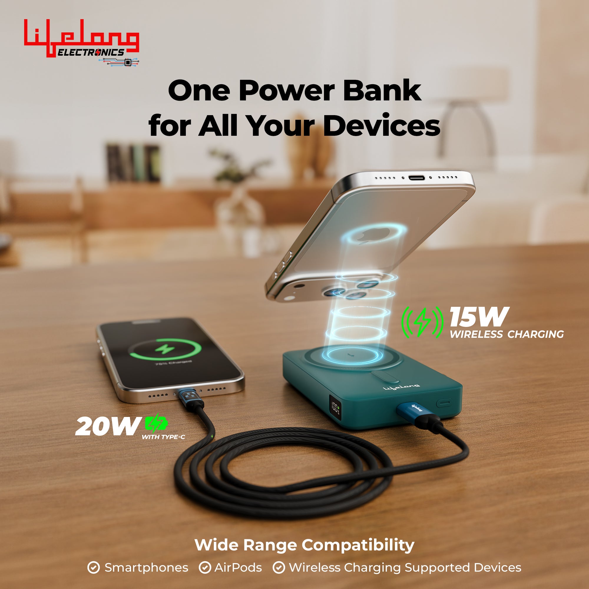 Lifelong Electronics 10000mAh MagSafe Wireless Power Bank | for iPhone, Apple AirPods & All Qi Enabled Phones | Supports Wired Fast Charging | Pocket Size Powerbank with Metal Stand, Display & Cable