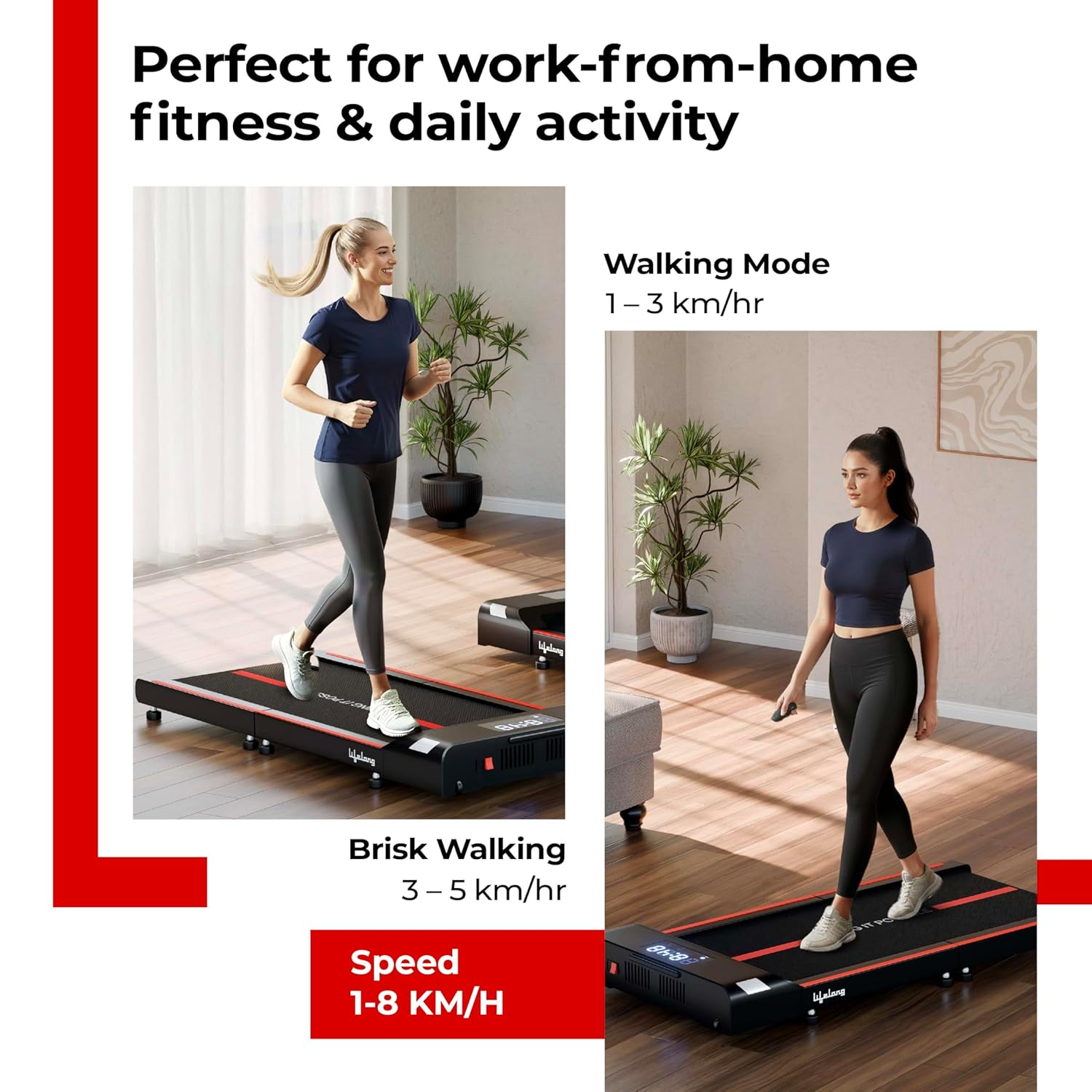 Lifelong Motorized 4.5 HP Foldable Walking Pad for Home | Treadmill for Home | 8 km/hr Speed | LED Display & Remote Control | Slim Under-Desk Walk Machine | 110 kg Capacity Ink Black