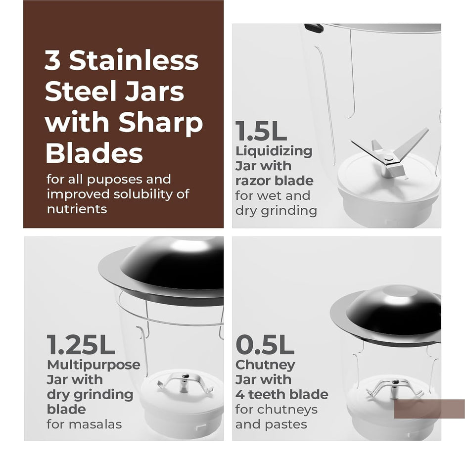 Lifelong Mixer Grinder for Kitchen | 3 Jars 750 Watt Mixie with Chutney Jar, Liquidizing Jar & Wet Grinder |Blender for Juices, Smoothies & Purees with Stainless Steel Blades, 3-Speed & Pulse Function