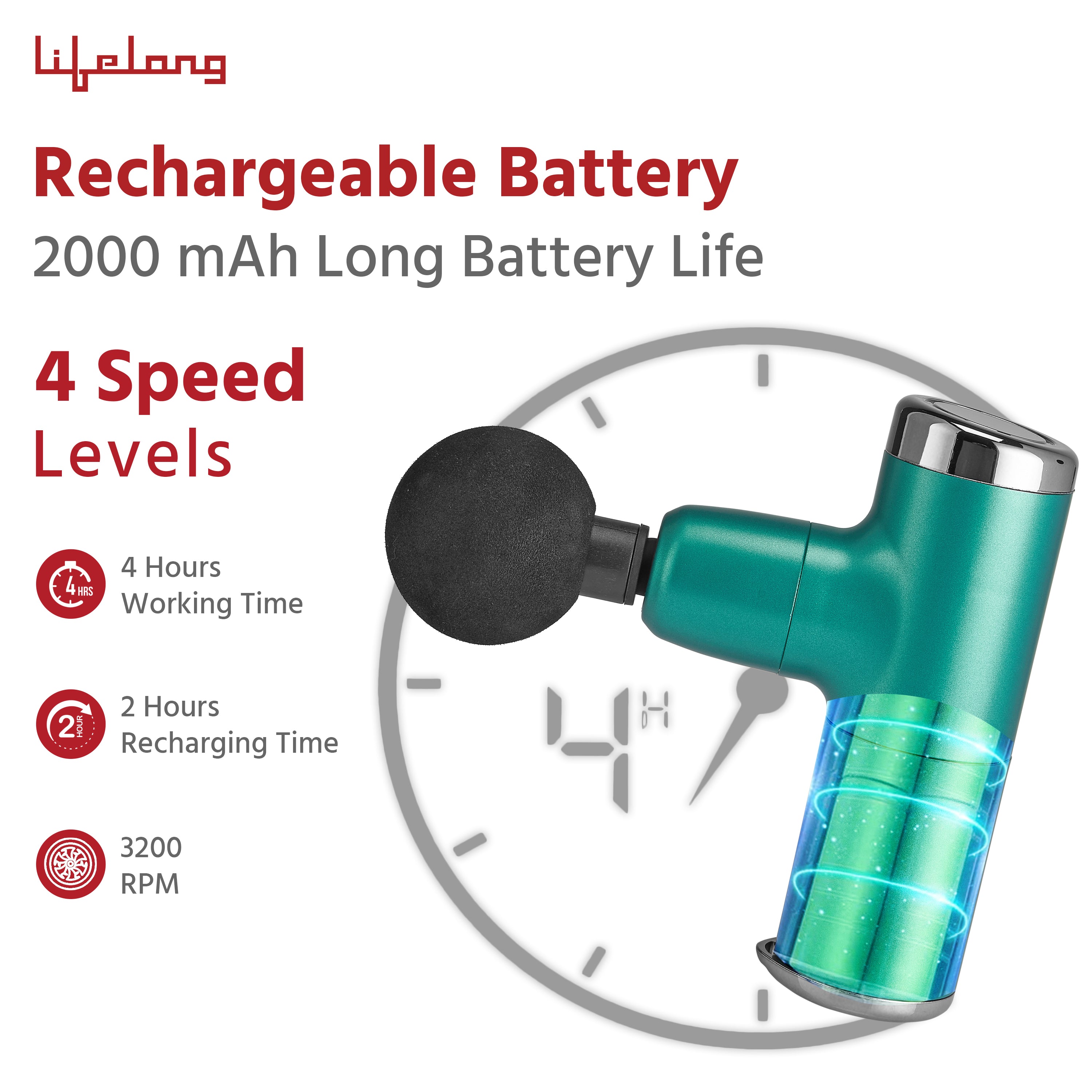 Lifelong Wireless Powerful Gun Massager with 4 Heads|Deep Tissue Percussion Muscle Massager for Pain Relief & Recovery|Portable Handheld Electric Fascial Gun Massager