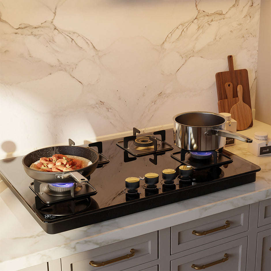 4 Burner Hob Top Gas Stove – Automatic Ignition, Toughened Glass, Italian Valve