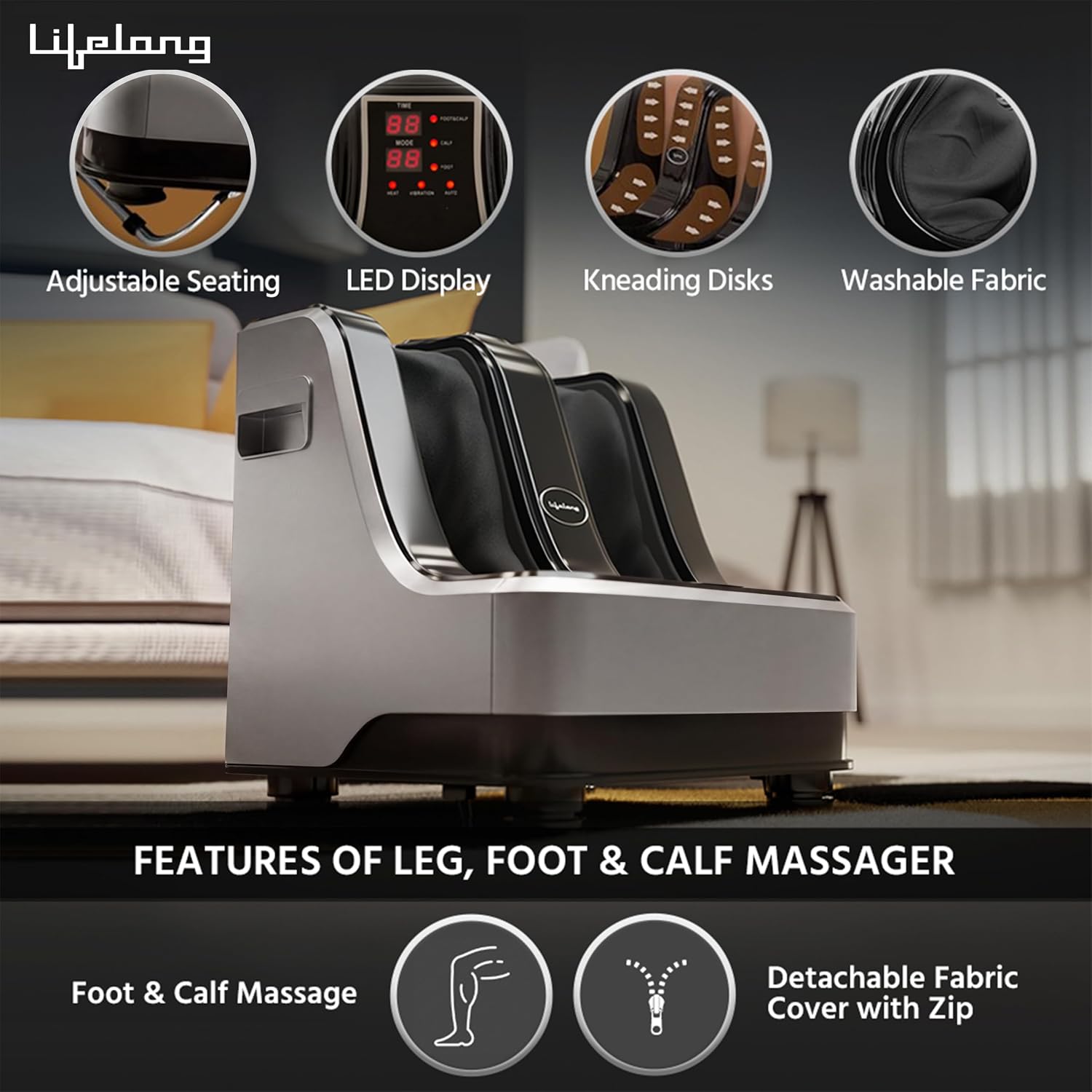 Lifelong Calf, Foot and Leg Massager Machine for Home - Pain Relief Massage for Legs - Heat + 4 Vibration Motors - Rolling, Kneading, and Shiatsu - Improve Blood Circulation, 80W (LLM100)
