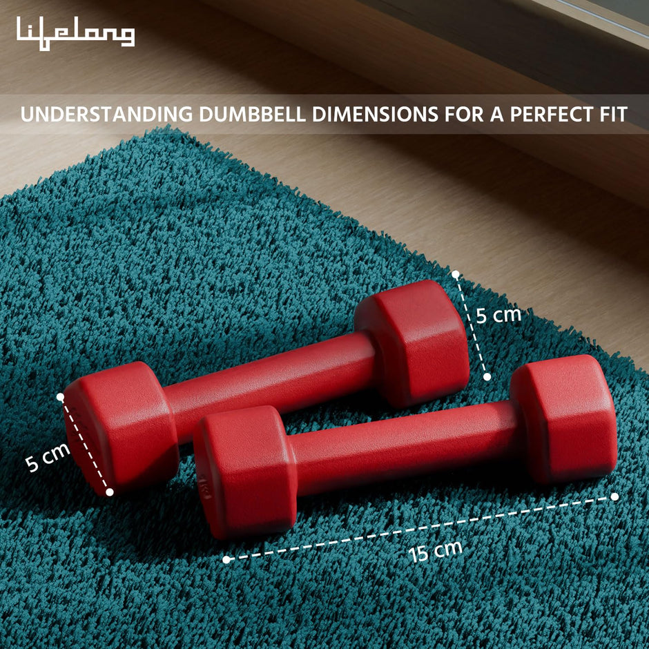 Lifelong Neoprene Dumbbells Set of 2 (1kg x 2) Fixed Weight Set for Home Gym, Fitness, Gym Exercise, Home Workout Weights for Men & Women, Red