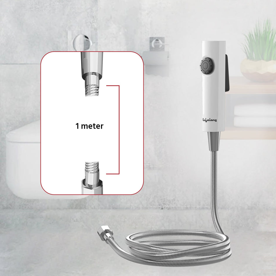 Lifelong LLBAHF12 ABS Health Faucet with SS-304 Grade 1.25 Meter Flexible Hose Pipe and Wall Hook, White (Jet Spray for Toilet), Polished