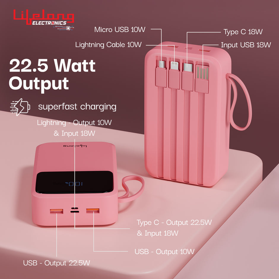 Lifelong Electronics 20000mAh 22.5W Fast Charging Power Bank | 3 Inputs (1 Built-in USB A Cable + 1 C + 1 Lightning Port) & 6 Outputs (3 Built-in Cables + 1 C + 2 A Port) | Small Pocket Size Powerbank