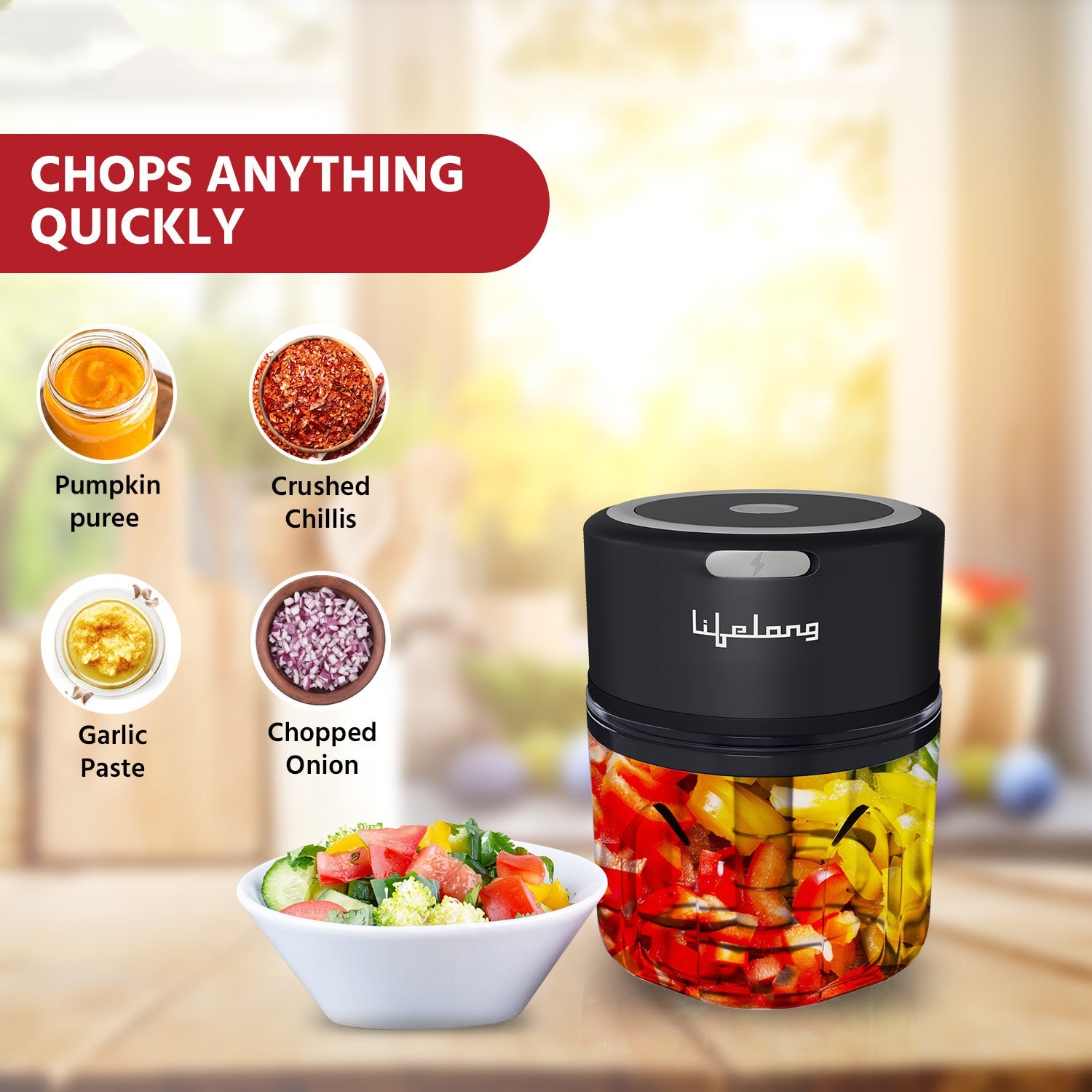 Lifelong LLWC02 Rechargeable Wireless Electric Chopper , Black-250 ml