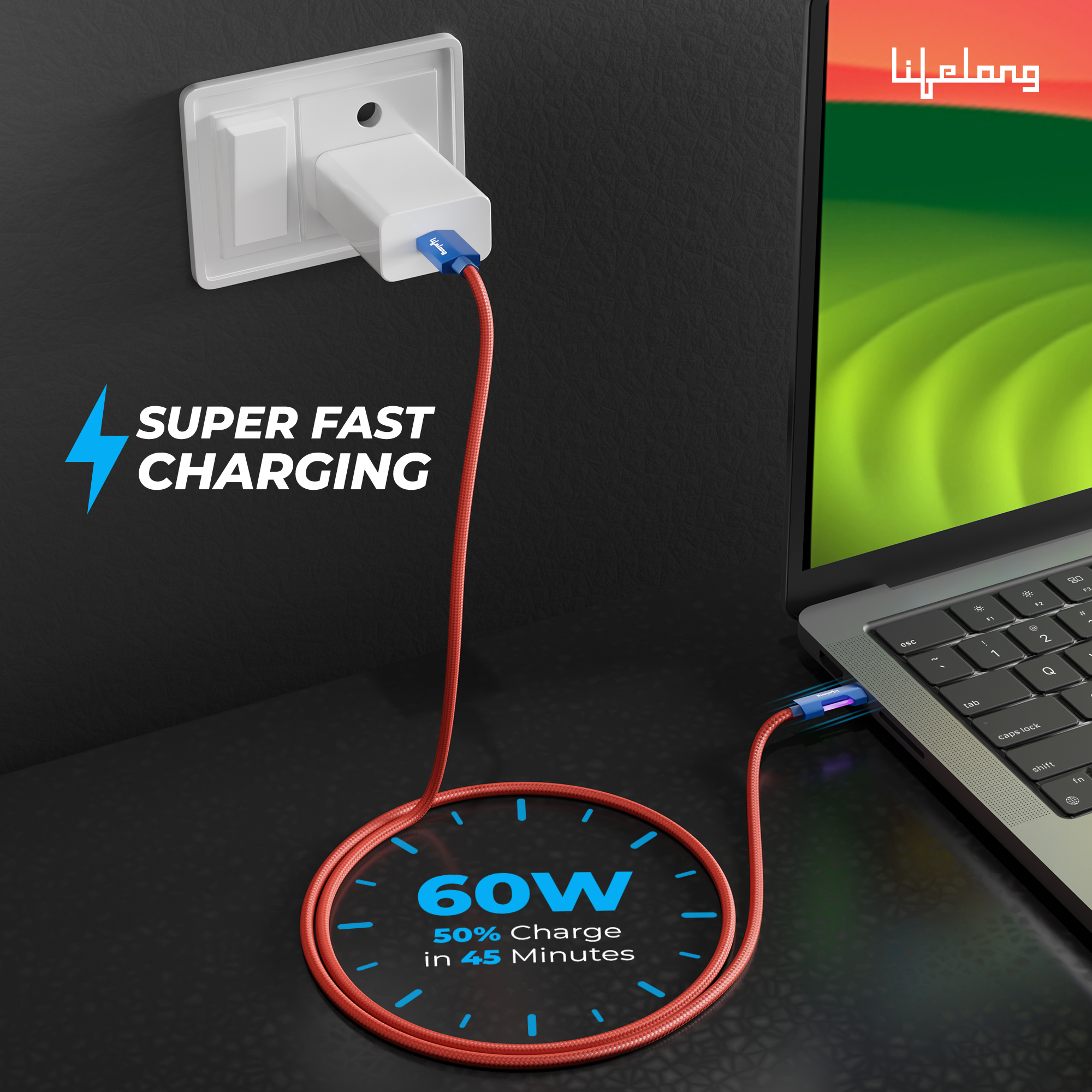 Lifelong Electronics 60W PD USB Type C to Type C Fast Charging Cable with RGB Light | High Speed Data Cable | Strong Nylon Braided & Tangle Free | iPhone 16/15/14, Android, Tablet, Laptop etc. | 1.25M