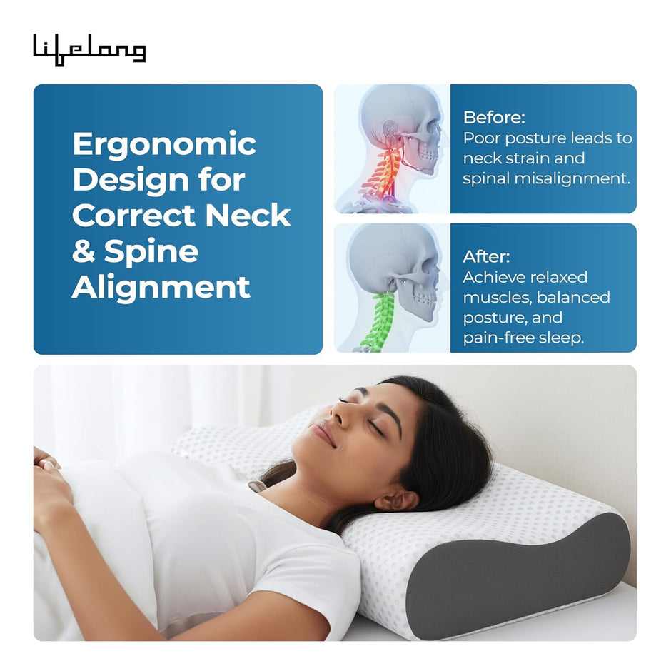 Lifelong Memory Foam Cervical Pillow with Extra Cover for Neck Support | Orthopedic Contour Foam Pillow for Neck Pain with Breathable Cover | Fits Side & Back Sleepers | Pain Relief for Adults