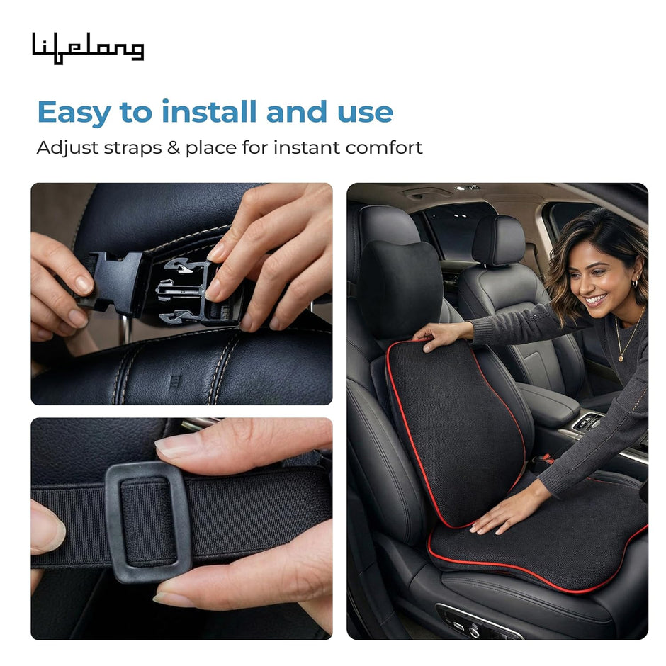 Lifelong Car Seat Cushion & Lumbar Support Combo | 100% Memory Foam Backrest, Headrest Neck Pillow for Driving, Sciatica & Tailbone Pain Relief | Ergonomic 3-in-1 Set, Adjustable Strap (LLCOM03)