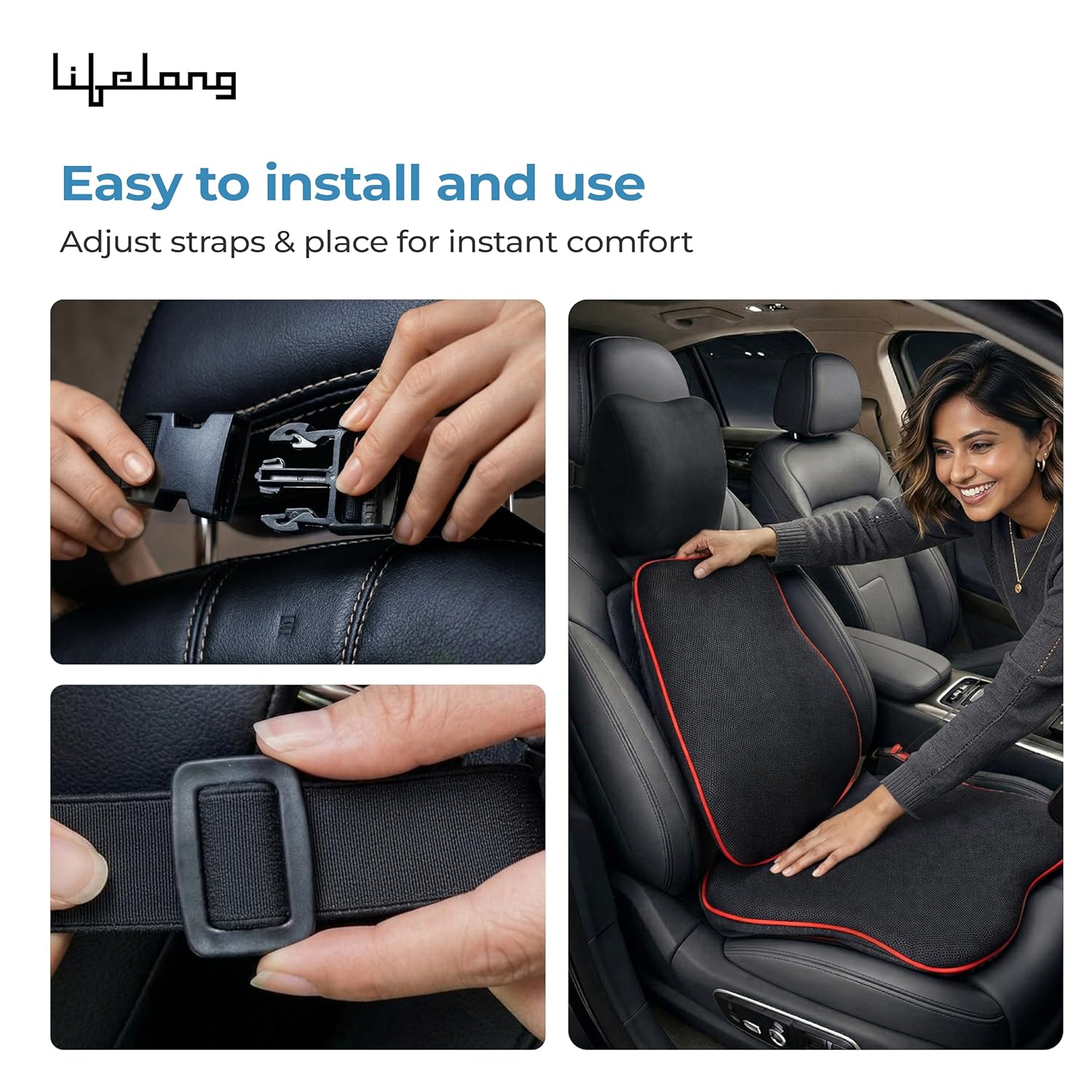 Lifelong Car Seat Cushion & Lumbar Support Combo | 100% Memory Foam Backrest, Headrest Neck Pillow for Driving, Sciatica & Tailbone Pain Relief | Ergonomic 3-in-1 Set, Adjustable Strap (LLCOM03)