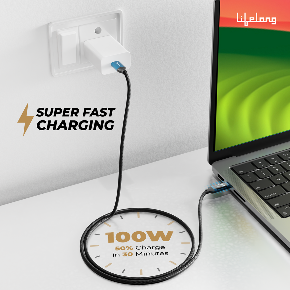 Lifelong Electronics 100W PD USB Type C to Type C Fast Charging Cable with Digital Speed Indicator | High Speed Data Cable | Braided, Tangle Free | iPhone 16/15/14, Android, Laptop, Tablet etc | 1.25M