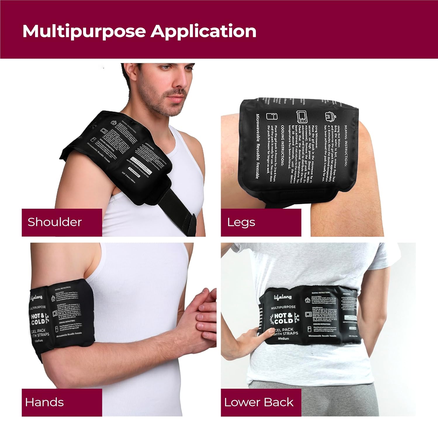 Lifelong Reusable Hot & Cold Pack with Straps | Flexible Gel Ice Pack for Pain Relief, Injuries, Shoulder, Knee, Back, Neck & Ankle |Hot and Cold Therapy Gel Bag for Swelling & Muscle Recovery |Medium