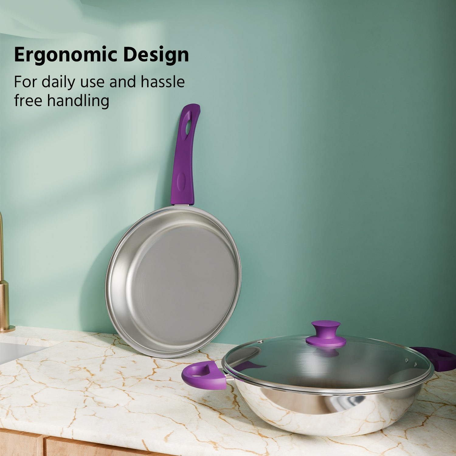 Lifelong Kadhai and Fry Pan with Lid| Soft touch handles | LLTPC2