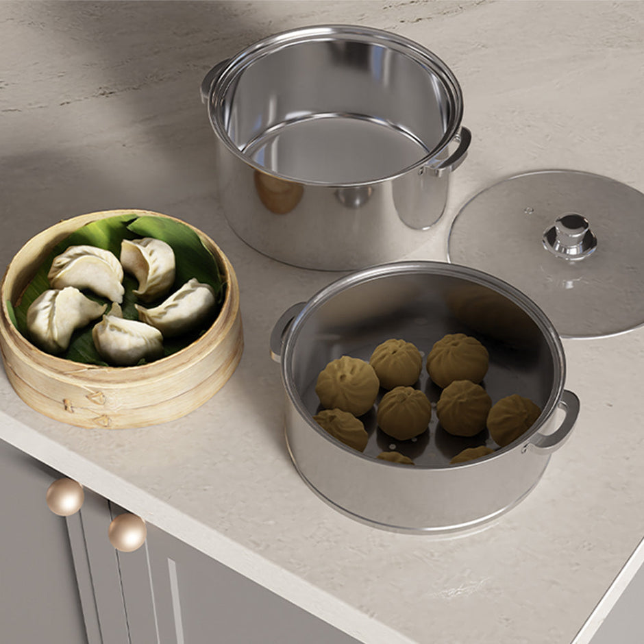 2-Tier Steamer/Momo/Modak Maker | Induction Compitable with Glass Lid & Riveted Handles | 20 cm Stainless Steel Multi-Purpose Cooking Steamer